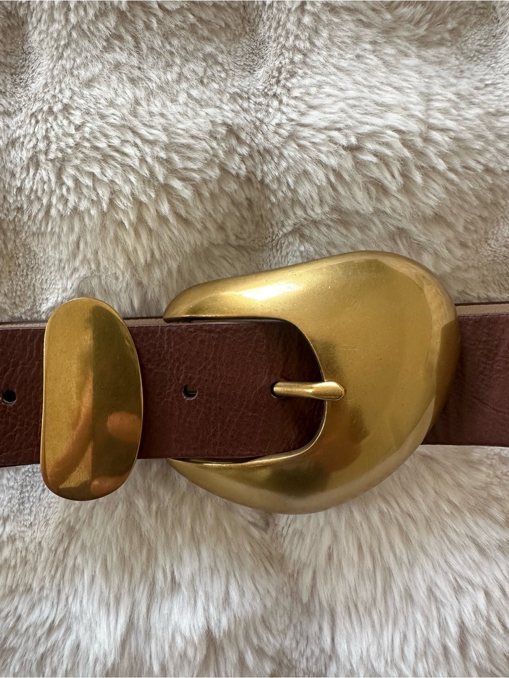 Trendy Brown Leather Belt with Gold-Tone Sculpted Buckle L